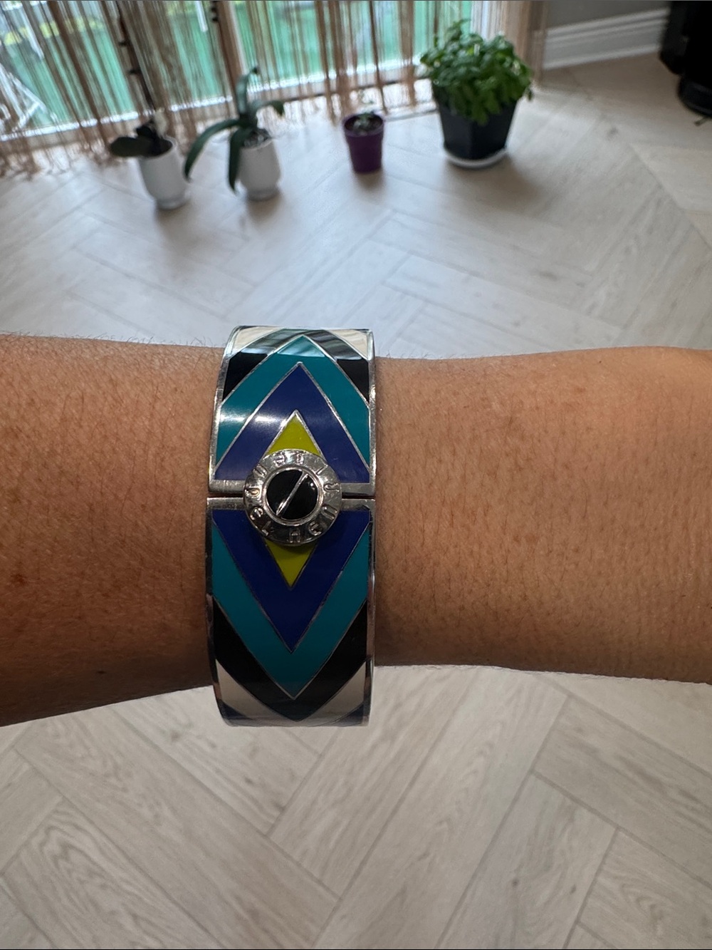 Henri Bendel Silver-Tone Geometric Enamel Cuff Bracelet in Blue & Teal